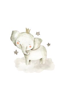 an elephant with a crown on it's head standing in the clouds and stars