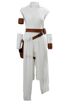 the force awake cosplay costume is shown in white with brown belt and cuffs