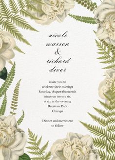 a wedding card with white flowers and greenery