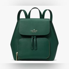 Color: Forest Green Hardware: Gold Measurements 10.2" W X 9.6" H X 5.4" D 10.2" W At Widest Point Handle Drop: 2.3" Features Metal Pinmount Logo Closure Type: Drawstring With Magnetic Snap Closure Exterior: Front Zip Pocket With Credit Card Slots Materials Refined Grain Leather Lining: Two Way Sapde Jacquard Lining, Two Way Script Logo Lining Kate Spade Luxury Backpack For On-the-go, Kate Spade Backpack With Zipper Closure, Kate Spade Leather On-the-go Backpack, Kate Spade Backpack With Detachable Strap For On-the-go, Kate Spade On-the-go Backpack With Detachable Strap, Flap Backpack, Logo Line, Script Logo, Kate Spade Bag