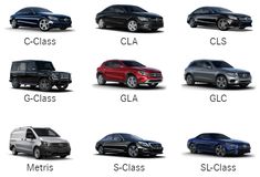 several different types of cars are shown in this image, including the mercedes gle