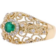 14K Yellow Gold Filigree Ring with 0.28 Carat Emerald Center and 1/4 Carat Diamond Halo Filigree Ring Gold, Emerald Birthstone, Jewelry Appraisal, Yellow Gold Jewelry, Gold Filigree, Filigree Ring, Womens Wedding Bands, Custom Jewelry Design, Yellow Gold Ring