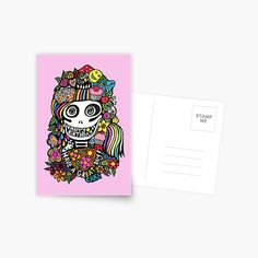 a pink postcard with an image of a skeleton and flowers on the front of it