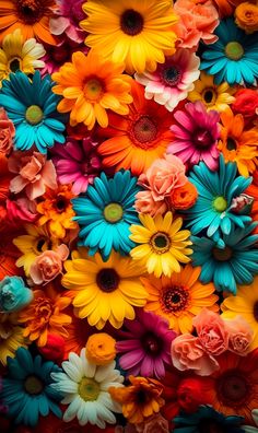 many colorful flowers are arranged together in this photo, and the colors are very vibrant