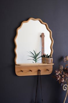 a mirror and potted plant on top of a shelf in front of a black wall