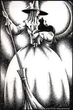 a black and white drawing of a witch holding a broom