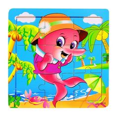 a wooden puzzle with a pink dolphin on the beach and palm trees in the background