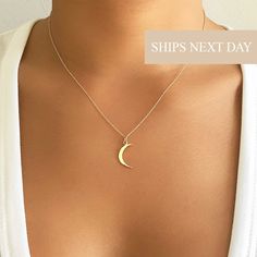 "Gold Moon Necklace, Silver Moon Necklace, Crescent Moon, Moon Pendant, This Is Us Moon Necklace, Moon Necklace This dainty mini moon necklace is simple and unique. Choose from 16\", 18\" or 20\" chain. Available in sterling silver and gold. - Pendant (mm): H:1 x L:21 x W:8 - Chain: 14k gold fill, rose gold or sterling silver chain, components and findings - Also beautiful Layered with other pieces from my shop! - Comes in a gift box Our model is wearing 16\" chain and has a petite neck MATERIAL Everyday Half Moon Phase Necklace, Minimalist Half Moon Necklace With Adjustable Chain, Everyday Half Moon Charm Necklace, Minimalist Half Moon Clavicle Chain Necklace, Minimalist Half Moon Phase Necklace, Everyday Moon Charm Necklaces, Everyday Moon Charm Necklace, Minimalist Moon Charm Necklace With Round Pendant, Minimalist Moon Charm Round Pendant Necklace