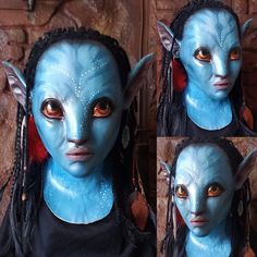 three pictures of an alien woman with blue skin and orange eyes