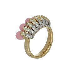 Ref. FF176RG42 Allegra ring, Yellow Gold, White and Champagne Diamonds and Pink Enamel. The Allegra Small Pink Enamel Ring is handcrafted with 18Kyellow gold and adorned with a combination of white and champagne diamonds, elegantly elevated with intricate hand-painted pink enamel adding a touch of femininity to the bold design, making it the perfect accessory for any occasion. Gold: g 11.25 | White Dia: ct 0.26 | Champagne Dia: ct 0.67All weights are approximate. Slight variations may occur due Luxury Yellow Gold Cabochon Diamond Ring, Elegant Yellow Gold Cabochon Diamond Ring, Designer Yellow Gold Wedding Rings, Pink Formal Enamel Ring, Designer Oval Yellow Gold Ring, Designer Yellow Gold Oval Rings, Elegant Yellow Gold Enamel Ring With Polished Finish, Luxury Pink Rings With Brilliant Cut, Elegant Yellow Gold Enamel Ring