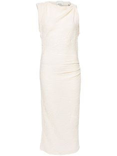 light beige stretch-design cotton blend ruched detailing round neck sleeveless straight hem Elegant Cream Ruched Midi Dress, Sleeveless Beige Midi Dress With Ruched Detail, Beige Sleeveless Ruched Midi Dress, Elegant Ruched Sleeveless Dress For Daywear, Cream Sleeveless Midi Dress With Ruched Detail, Cream Sleeveless Ruched Midi Dress, Isabel Marant Dress, Sleek Fashion, Dance Dresses