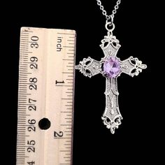 Large Silver Gothic Cross Pendant with Light Purple Crystal Center.  Stainless Steel Chain.  Chain Extender for Size Adjustment.  Lobster Clasp.  CB159 #cross #necklace #gothic #gothiccross #jewelry Celtic Ornate Rhinestone trend popular deal festival amethyst lavender lilac Gothic Cross Necklace Gift, Purple Jesus, Gothic Cross, Gothic Crosses, Necklace Gothic, Purple Crystal, Chain Extenders, Purple Crystals, Steel Chain