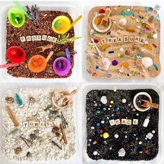 four plastic trays filled with different types of toys and letters that spell out words