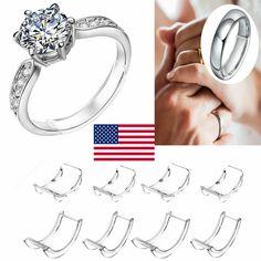 8Pcs Ring Size Adjusters Invisible Clear Ring Sizer Jewelry Fit Reducer Guard US   Key Features Reduces ring size 0.5-1 Fits well for ring width 1-10mm. Suitable for men's and women's rings, even for large knuckles. Made of Silicone  Durable and Comfortable. Transparent 8 Different Sizes:  1pc: 2mm 1pc: 3mm 1pc: 4mm 1pc: 5mm 1pc: 6mm  1pc:7mm 1pc: 8mm 1pc: 9.5mm Note to buyers: Due to different variation of ring designs this item might require adhesive or double sided tape to stick onto ring. Ring Size Adjuster, Women's Rings, Double Sided Tape, Ring Sizer, Some Pictures, Ring Sets, Ring Designs, Women Rings, Double Sided