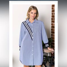 The Wenna. The Perfect Shirt Dress! Made With High Quality Woven Cotton Poplin. Mixed With Stretch Striped Ribbed Contrast. Collar, Long Sleeves, Front Pocket, And Side Pockets. Very Versatile. Wear It As A Tunic Or Dress. Easy Relax Fit. Stylish And Comfy Blue Long Sleeve Shirt Dress For Spring, Preppy Long Sleeve Spring Dresses, Navy Shirt Dress For Spring Workwear, Preppy Collared Dresses For Spring, Chic Navy Shirt Dress For Spring, Preppy Long Sleeve Summer Dresses, Navy Casual Shirt Dress For Spring, Casual Navy Shirt Dress For Spring, Blue Long Sleeve Preppy Dress