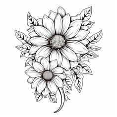 a black and white drawing of flowers with leaves on the bottom half of their petals