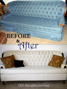 before and after photos of a couch that has been upholstered