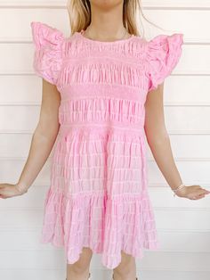 Sweet Like Candy Smocked Pink Dress | Sassy Shortcake Sassy Shortcake, Pretty In Pink Dress, Candy Dress, Sweet Like Candy, Ribbon Dress, Casual Date, Pinterest Closet, Sweet Dress, Ruffle Sleeves