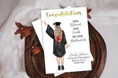 two graduation congratulations cards with an illustration of a woman in a black gown and cap