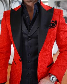 Red Designer Fiore Fabric Woven In France Satin Black Signature Black Peak Lapels Single Button Closure Soft, natural shoulder construction Chest Barchetta Pocket Dual Vents Satin covered buttons Handmade in any size! Includes a Sebastian Cruz Couture Pocket Square of your choice! All of our jackets are made with 4" extra of fabric to ensure you don't have to send it back to us if it's too small or too big. You can tailor your jacket 2 sizes bigger and/or smaller if needed. We guarantee your sat Red Fitted Tuxedo With Notch Lapel, Elegant Red Fitted Tuxedo, Luxury Red Single Breasted Blazer, Party Fitted Blazer With Covered Buttons, Luxury Red Single-breasted Blazer, Red Luxury Single-breasted Blazer, Red Fitted Tuxedo With Suit Collar, Luxury Red Suits For Winter, Red Suit For Party With Suit Collar