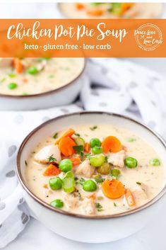 chicken pot pie soup in a bowl with peas and carrots