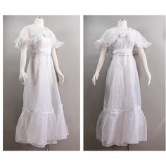 "This is such a wonderful ethereal 30s white cotton voile dress with embroidered white polka-dots. The dress has a V-ed neckline with a fun little cotton lawn flower at the center with beaded sequins at the center. There is also a cape attached to the neckline in the same cotton voile, falling just short of the sleeves length.It also has a fun ruffle at the hem. The dress is simple and has those iconic art deco seam lines. The skirt is A-line with a full ruffled flounce at the hem. The dress has Organdy Dress, Cotton Voile Dress, Vintage Polka Dot Dress, Voile Dress, Iconic Art, Angel Dress, Dog Bones, Cotton Voile, Fashion History