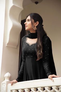 Black Dress Indian, Anarkali Dress Party Wear, Black Anarkali Dress, Printed Long Gowns, Georgette Gown, Gown With Dupatta, Lehenga Designs Simple