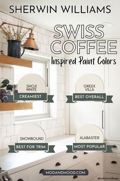 Sherwin Williams Swiss Coffee Inspired Paint Colors include: Shoji White - Creamiest, Greek Villa - Best Overall, Snowbound - Best for Trim, and Alabaster - Most Popular. Over a background of a Sherwin Williams Swiss Coffee colored kitchen Swiss Coffee, Coffee Alternative, Paint Color Inspiration, Coffee Painting