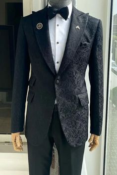 Fancy Suits For Men, Elegant Black Embellished Tuxedo, Black Jacquard Suit Men, Designer Black Embellished Tuxedo, Tailored Black Embellished Tuxedo, Luxury Black Embroidered Tuxedo, Creative Black Tie, Prom Suit, Suits Style