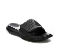 Textured synthetic band upper with padded fabric lining, Easy slip-on entry with adjustable Velcro closure for a custom fit, Open round toe, Cushioned foam Bounce footbed, Sculpted foam midsole and traction outsole, adidas® branding details including iconic three stripes | Men's Adidas AlphaBounce Slide 2.0 Sport Slides Sandals in Black Size 10 Medium Adidas Synthetic Sandals For Outdoor, Adidas Sports Slide Sandals, Adidas Slide Sandals For Sports, Breathable Slides For Sports, Breathable Sports Slides, Slide Sport Sandals, Adidas Synthetic Slides For Swimming, Adidas Cushioned Slides For Sports, Adidas Slip-resistant Slip-on Slides