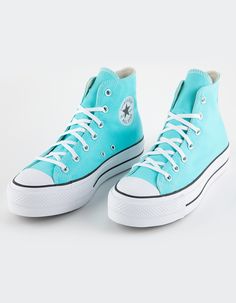 CONVERSE Chuck Taylor All Star Lift Platform Womens High Top Shoes - BLUE | Tillys Colorful Sneakers Ideas, Converse Shoes Blue, Colored Converse, Cute Converse Shoes, Pastel Shoes, Cute Converse, Womens High Top Shoes, Chuck Taylor All Star Lift, High Top Converse