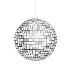 a mirror ball ornament hanging from a string on a white background with room for text