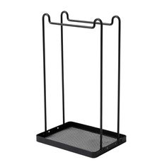 a black metal rack with two hooks on it