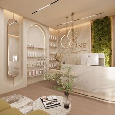 the interior of a beauty salon with white walls and marble counter tops, plants in vases