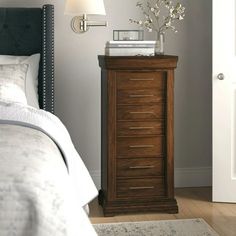 a bedroom scene with focus on the nightstand and bed side table in the foreground