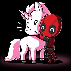 a pink and white horse with black eyes next to a red stuffed animal in the dark