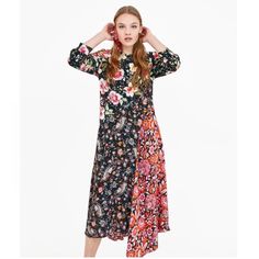 Gorgeous Long Boho Style Zara Dress, New With Tags Varied Floral Print In Rich Colors Against Black Background, Please Refer To Bust Flat And Length Measurement Shoulder To Hem For Accurate Sizing 100% Viscose, Mint Condition, Smoke Free Home Sku (C) 6 Epvm Black Patchwork Midi Dress For Spring, Spring Multicolor Patchwork Midi Dress, Long Sleeve Dress With Mixed Print, Long Sleeve Mixed Print Dress, Long Sleeve Mixed Print Dress For Spring, Zara Multicolor Midi Dress For Fall, Zara Multicolor Midi Dress For Brunch, Long Sleeve Striped Dress, Striped Linen Dress