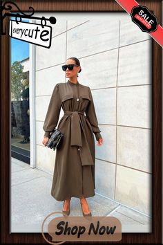 High Neck Cardigan Long Sleeve Elegant Dress Elegant Fall Shirt Dress With Pockets, Knee-length Solid Color Shirt Dress For Fall, Winter Collared Dresses With Pockets, Solid Color Knee-length Shirt Dress For Fall, Casual Winter Dresses With Stand Collar, Fall Solid Color Knee-length Shirt Dress, Khaki Dress For Fall, Khaki Fall Dress, Solid Color Khaki Fall Dress