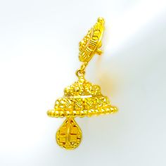 These Tasteful Paisley Jhumki earrings, crafted in 22k yellow gold with a weight of 8.8 grams, feature an elegant hanging style and are 1.3 inches in length. Secured with screw-back posts, they exude a blend of traditional charm and modern elegance. Ideal for those who appreciate classic designs with a contemporary twist, these earrings add a sophisticated and cultural touch to any attire, perfect for various occasions. Product Details Gold Purity(karat): 22k Gold Weight(grams): 8.8 Item Finish: 22k Yellow Gold Dangle Bridal Earrings, Temple Jewelry Style Dangle Jhumkas For Formal Occasions, Temple Jewelry Style Formal Dangle Jhumkas, Formal Temple Jewelry Dangle Jhumkas, Formal Temple Jewelry Style Dangle Jhumkas, Traditional Gold Plated Jhumkas For Puja, 22k Yellow Gold Chandbalis For Diwali, Gold-plated Temple Jewelry Jhumkas, Yellow Gold Drop Earrings Jhumkas