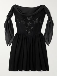 EXCLUSIVE AT NET-A-PORTER. From the midnight-black shade to the hand-beaded florals, Clio Peppiatt's 'Iris' mini dress exudes a dark romance. It's made from wispy crepe de chine and has an elegant off-the-shoulder neckline framed by knotted straps. Internal boning supports the slim-fitting bodice. Clio Peppiatt, Flat Dress Shoes, Dress Flats, Embellished Dress, Skirt Top, Mini Black Dress, Women Collection, Denim Dress, Off The Shoulder