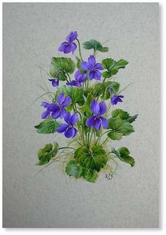 a painting of purple flowers with green leaves