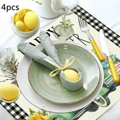 an image of a table setting with eggs and napkins on the placemat,