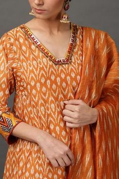 Shop for NUHH Orange Ikat Print Kurta Set for Women Online at Aza Fashions Festive Ikat Print Straight Kurta Sets, Festive Ikat Print Straight Kurta Salwar Kameez, Anarkali Ikat Print Kurta For Eid, Navratri Anarkali Kurta With Ikat Print, Navratri Ikat Print Anarkali Kurta, Unstitched Ikat Print Sets For Diwali, Festive Anarkali Set With Ikat Print, Festive Ikat Print Anarkali Set, Ikat Print Straight Kurta Set For Diwali