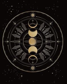 three phases of the moon on a black background with stars and space in the middle