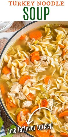 a bowl of turkey noodle soup with carrots and celery