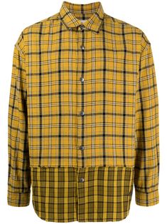 mustard yellow/cedar brown cotton check pattern classic collar front button fastening long sleeves buttoned cuffs appliqué detail straight hem Fitted Yellow Shirt With Button Closure, Casual Yellow Cotton Flannel Shirt, Yellow Printed Collared Shirt, Yellow Flannel Shirt, Yellow Graphic Print Button-up Shirt, Balenciaga Speed, Reebok Club C, Versace Outfit, Cotton Viscose