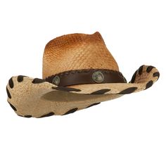 Raffia Leatherette Cowboy HatMade of 100% raffia straw.One size fits most for ladies, fitting up to 57 cm.Fitted with an inner elastic tie band.Adult/Woman.Crown measures 5 inches high.Brim measures 3 1/2 inches long.Hand wash only.Imported. Western Urban style woman's raffia cowboy hat with hatband.Pinched tear-shaped top crown.Crown is accentuated with a metal detailed leatherette hatband.Side brim is naturally upturned, wired brim.Woven ribbon trim along the edge of brim.Our raffia cowboy hat Adjustable Fit Flat Brim Straw Hat For Country Events, Adjustable Flat Brim Straw Hat For Country Events, Adjustable Fit Brown Hat For Country Events, Fitted Brown Straw Hat For Vacation, Adjustable Brimmed Straw Hat For Country Events, Brown Straw Hat With Short Brim, Short Brim Brown Straw Hat, Adjustable Fit Brown Country Hat, Adjustable Fit Country Style Brown Hat