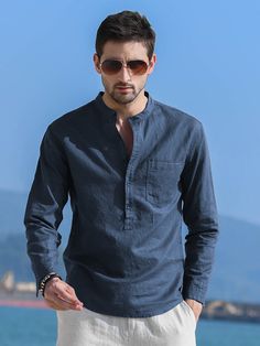 Dark Grey Casual Collar Long Sleeve Linen Plain Shirt Embellished Non-Stretch  Men Tops Half Button Shirt, Fashion Models Men, Mens Smart Casual Outfits, Button Shirts Men, Men Stylish Dress, Men Shirts, Crochet Shirt, Style Minimaliste, Plain Shirts