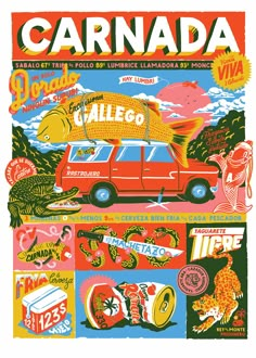 an advertisement for the carnada food truck in california, with images of various foods and