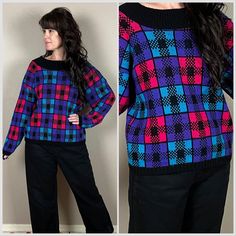 * Please ask questions prior to purchasing  * All sales are final - items sold as-is  * For international orders, please be aware that international charges (customs, duties and taxes) may occur. I am not responsible for these charges. That will be the buyer's responsibility. D E T A I L S Give me all the colorful plaid 80s sweaters! This was features a wider scoop neckline, long sleeves, boxy fit. Ribbed details around the neck, cuffs, and hem. Love the purple, pink and blue colors against the Yarn Brand, Blue Trench Coat, 80s Sweater, Cropped Pullover, Purple Plaid, Midi Short Sleeve Dress, Pullover Sweater Women, Pink And Purple, New Wave